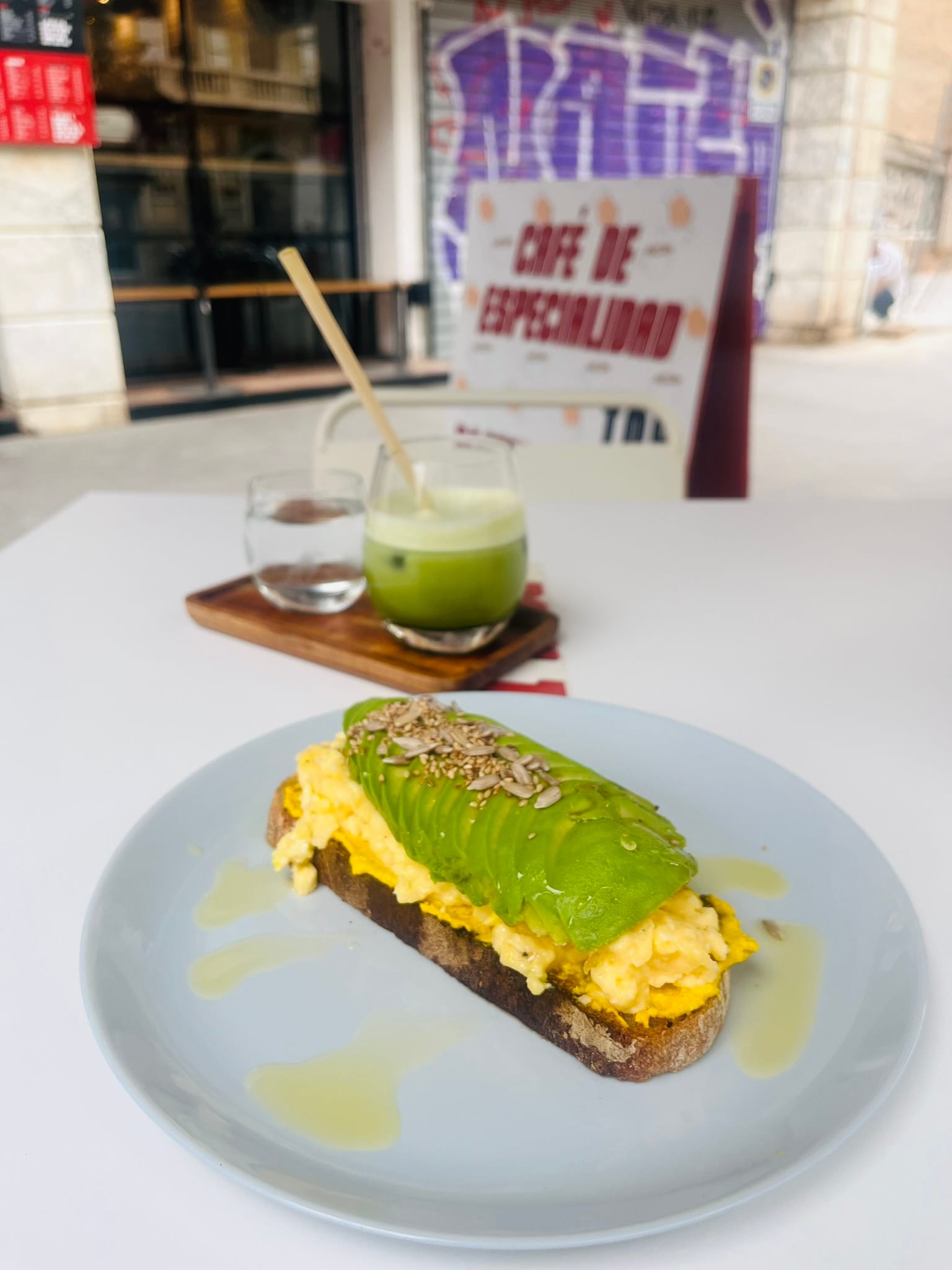 avocado and egg toast with matcha latte