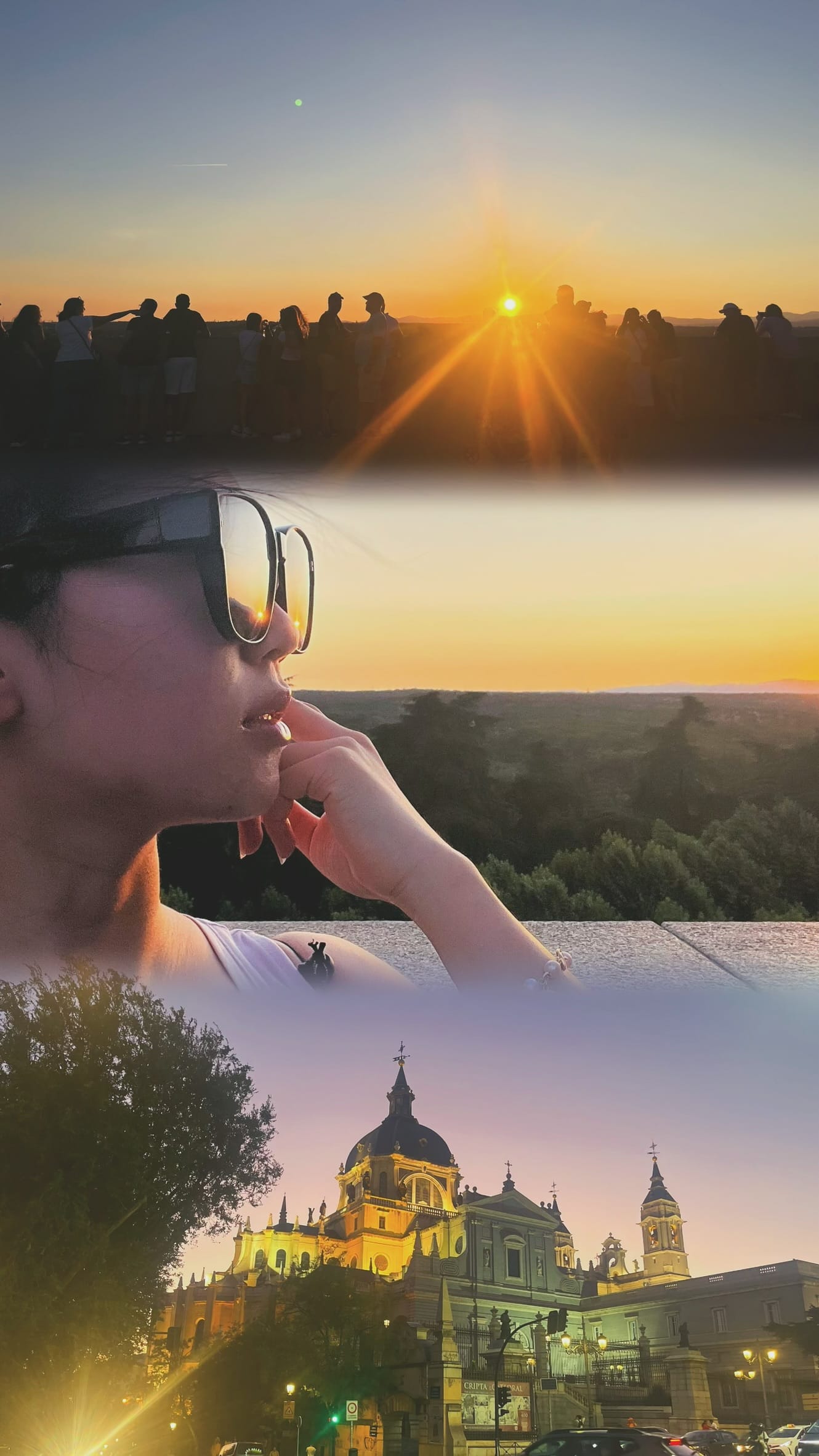 composite photo of a sunset, girl facing toward the sun, and cathedral