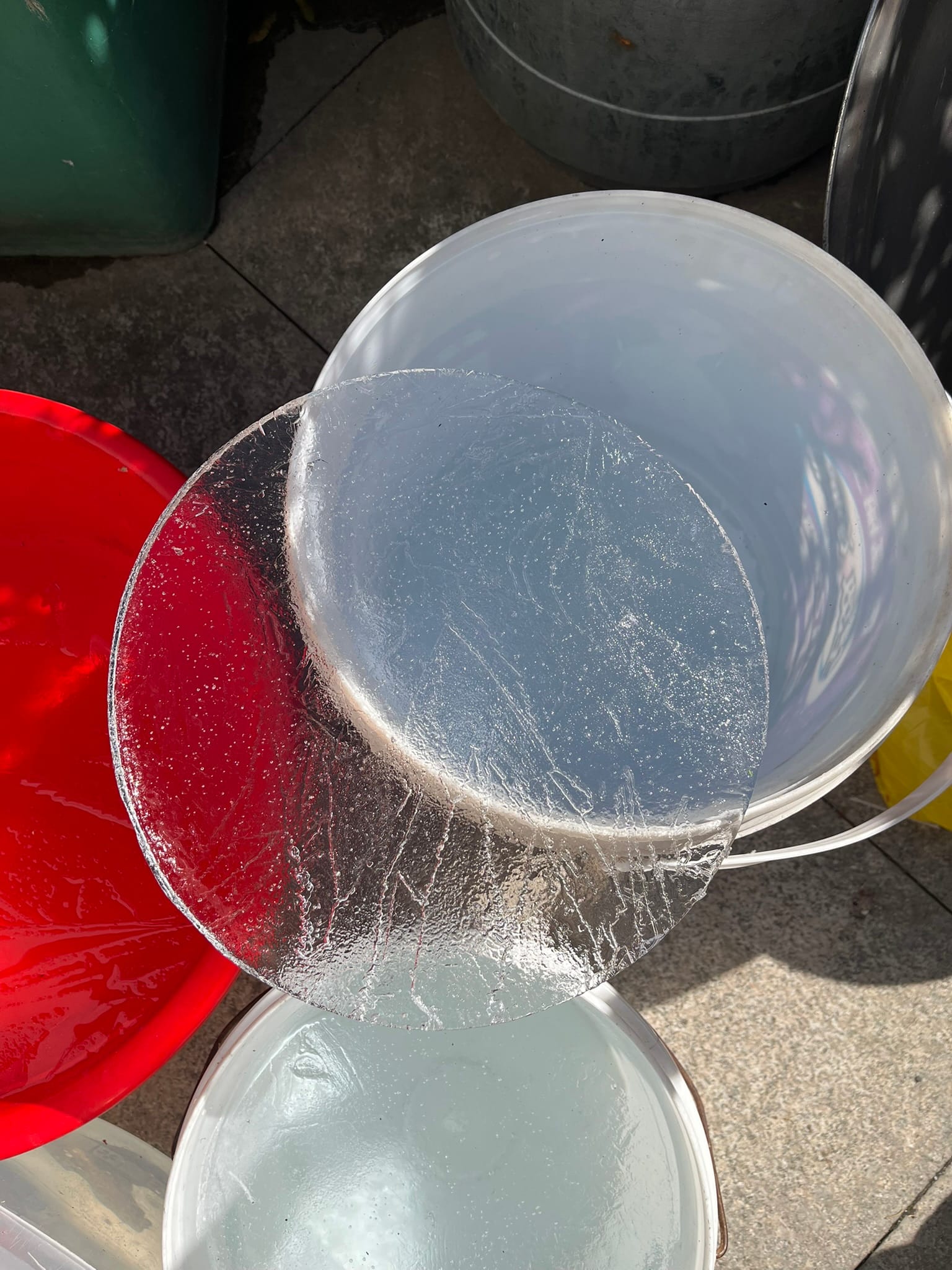 frozen top layers of water in buckets